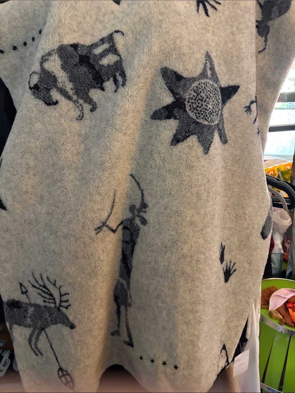 EMi Light Gray Patterned petroglyphs Throw with Buffalo & Sun Motifs. BG204